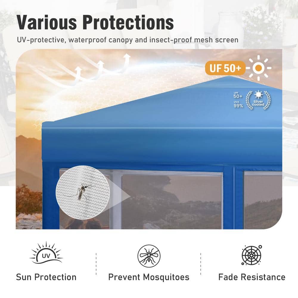 Blue 10' x 10' Pop-Up Canopy with Netting and Roller Bag