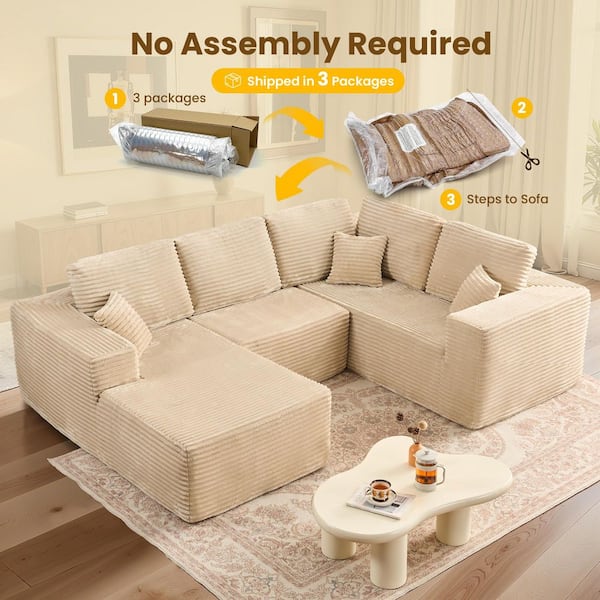 Allwex VK 115 in. Wide Arm 3-Piece Modern Plush Corduroy U-Shape