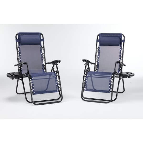 Lounge Chairs, Metal Frame Zero Cravity Outdoor Folding Recliners 43.3 inch with Pillow and Cup Holder, Blue, Set of 2