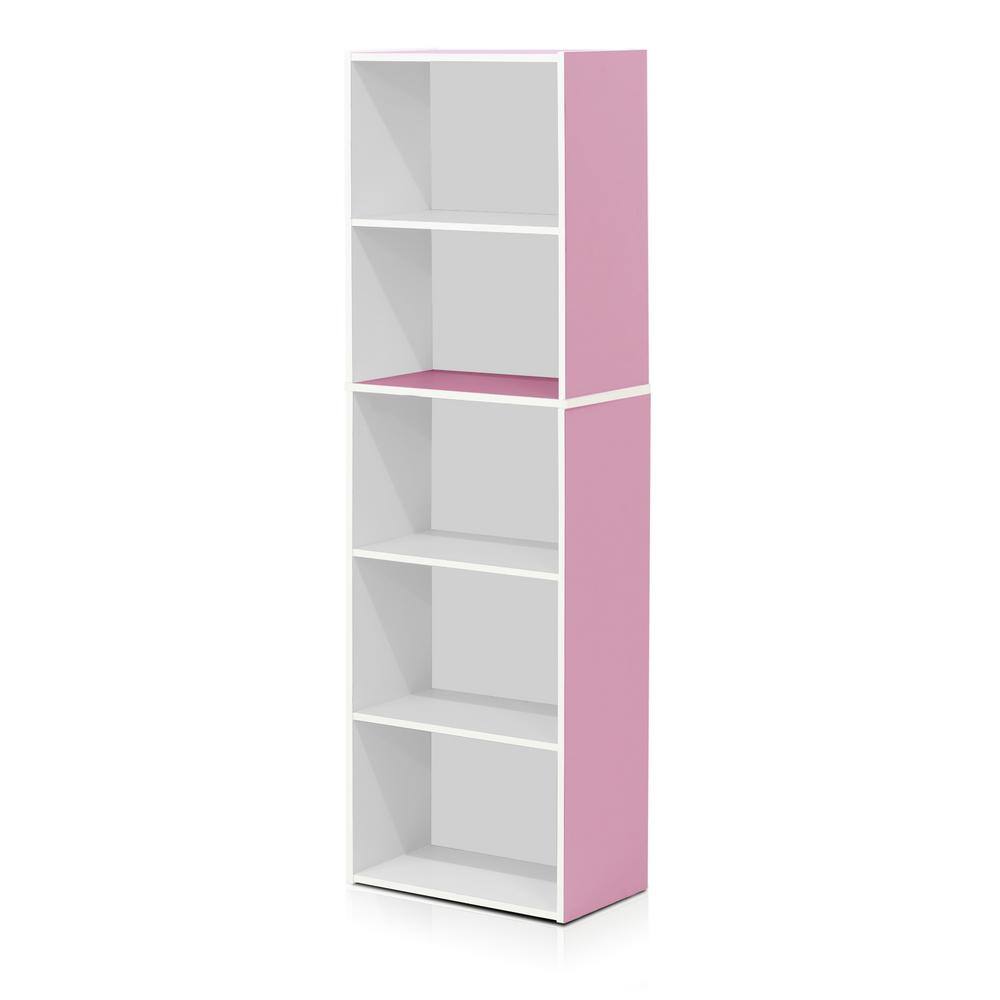 Contemporary 5-Tier Laminated Wood Bookcase in White & Pink