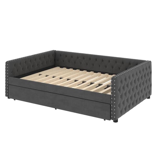 Mid-Century Modern Gray Twin Size Upholstered Daybed with Trundle & Copper Nail