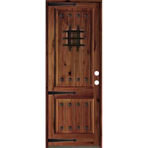 30 in. x 96 in. Mediterranean Knotty Alder Sq. Top Red Chestnut Stain Left-Hand Inswing Wood Single Prehung Front Door
