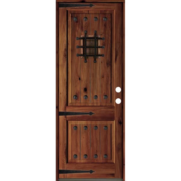 Krosswood Doors 30 in. x 96 in. Mediterranean Knotty Alder Sq. Top Red Chestnut Stain Left-Hand Inswing Wood Single Prehung Front Door