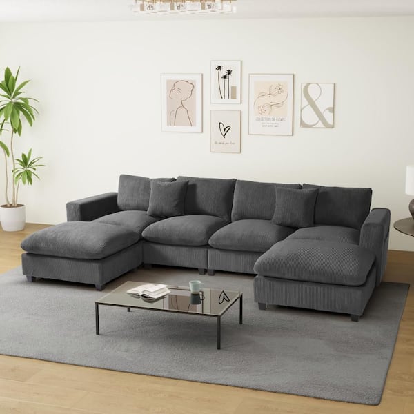 Hamilton 128 in. Square Arm 6-Piece Corduroy Modular Sectional Sofa Ottoman Set w/ USB Charge Port in. Charcoal Gray