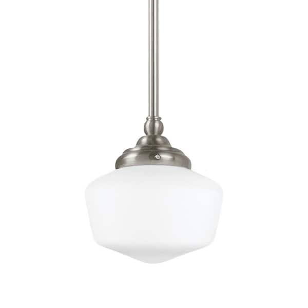 Generation Lighting Academy Small 6.75 in. W. x 7.5 in H. 1-Light Brushed Nickel Pendant with Satin White Glass Shade and Dimmable LED Bulb