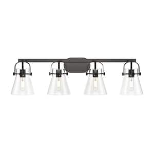 Pilaster II Cone 36.5 in. 4-Light Matte Black Vanity Light with Glass Shade