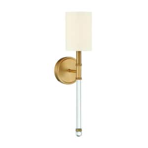 Fremont 5 in. W x 21 in. H 1-Light Warm Brass Wall Sconce with White Cylindrical Fabric Shade and Glass Accent