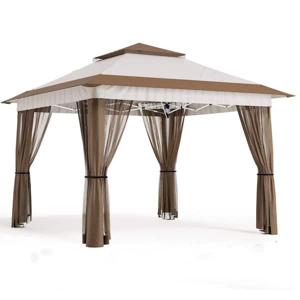 13 ft. x 13 ft. Pop Up Gazebo Tent with Mosquito Netting, Outoor Canopy Tent for Lawn Backyard, Beige