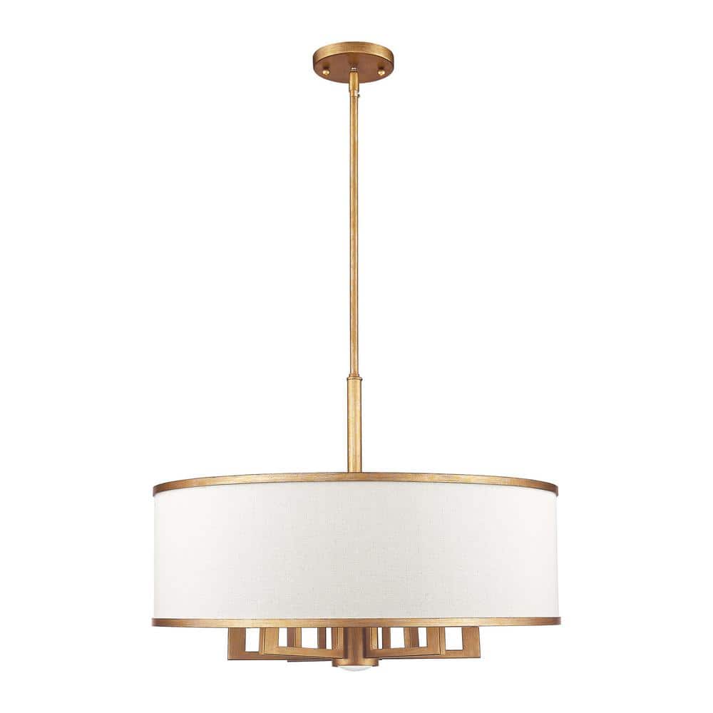 Antique Gold Leaf 6-Light Drum Chandelier with Linen Shade