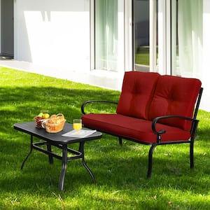2-Pieces Metal Outdoor Patio Conversation Set Loveseat with Coffee Table and Red Cushions