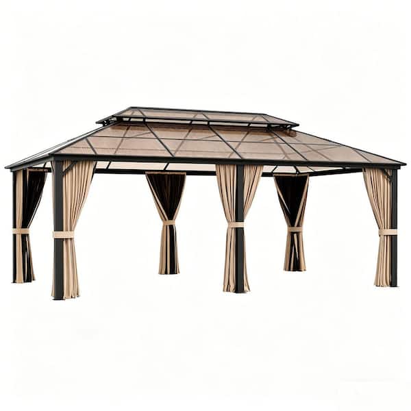 12 ft. x 20 ft. Outdoor Polycarbonate Double Roof Gazebo with Aluminum Frame, Nettings and Curtains