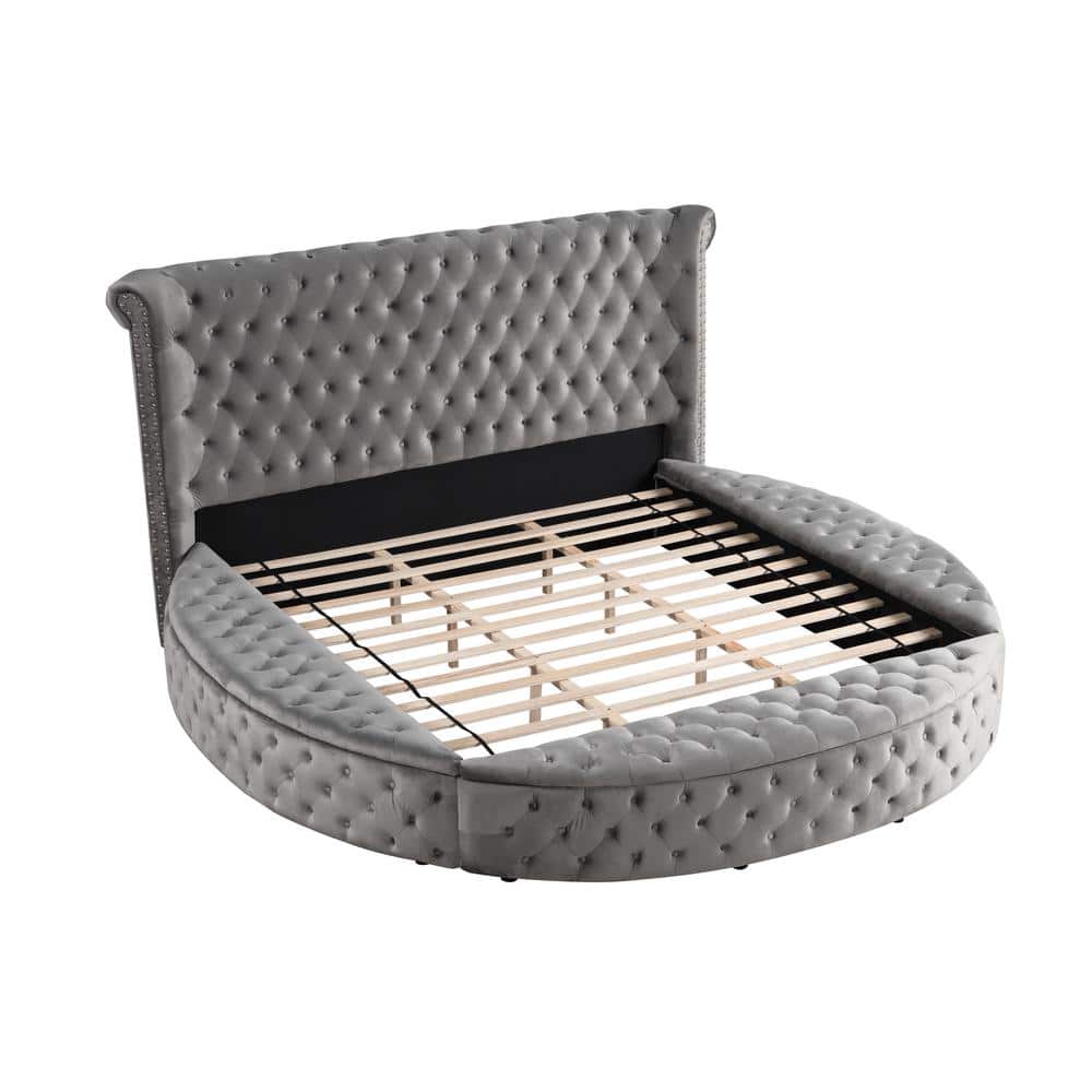 Gray Velvet Tufted Queen Bed with Storage and Nailhead Trim