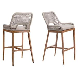 Modern Aluminum Plaid Wicker Woven Bar Height Outdoor Bar Stool with Back and Cushion (2-Pack)