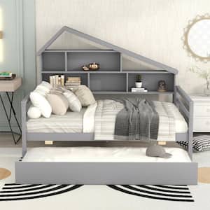 Gray Wood Frame Full Size Platform Bed with Trundle and Shelve