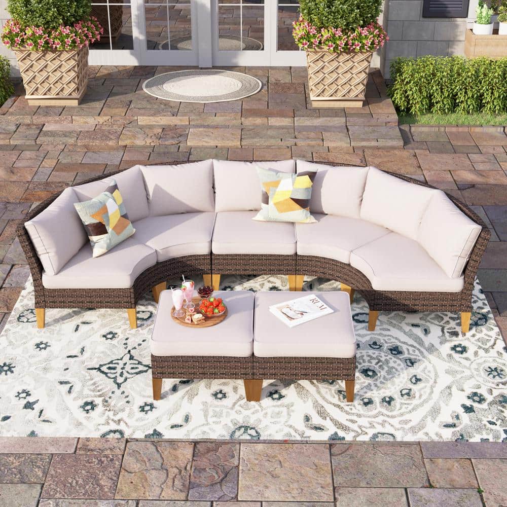 PHI VILLA Brown 7-Piece Rattan Steel Wicker Outdoor Sectional, 4 Curved Sofas, 2 Ottomans 11 Seat with Beige Cushions -  DS7PV10520406