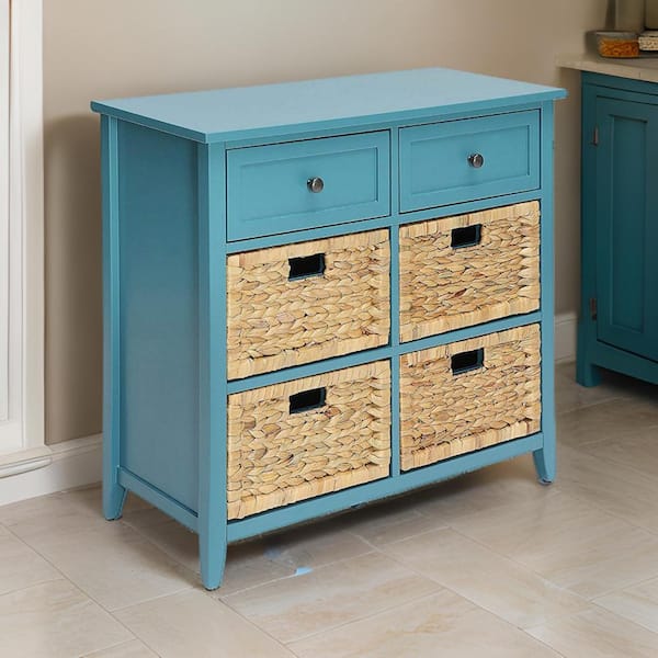 Benjara 30 in. Blue Rectangle Wooden Console Table with Multiple Oval Designs