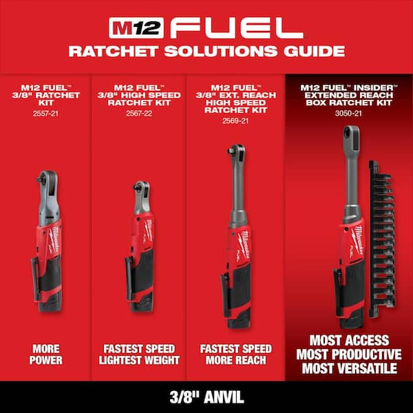 Milwaukee M12 FUEL 12V Lithium-Ion Brushless 3/8 in. Extended Reach High Speed Cordless Ratchet Kit & Metric Socket Set