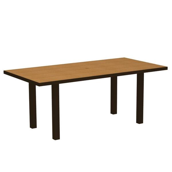 POLYWOOD Euro Textured Bronze 36 in. x 72 in. Patio Dining Table with Plastique Natural Teak Top