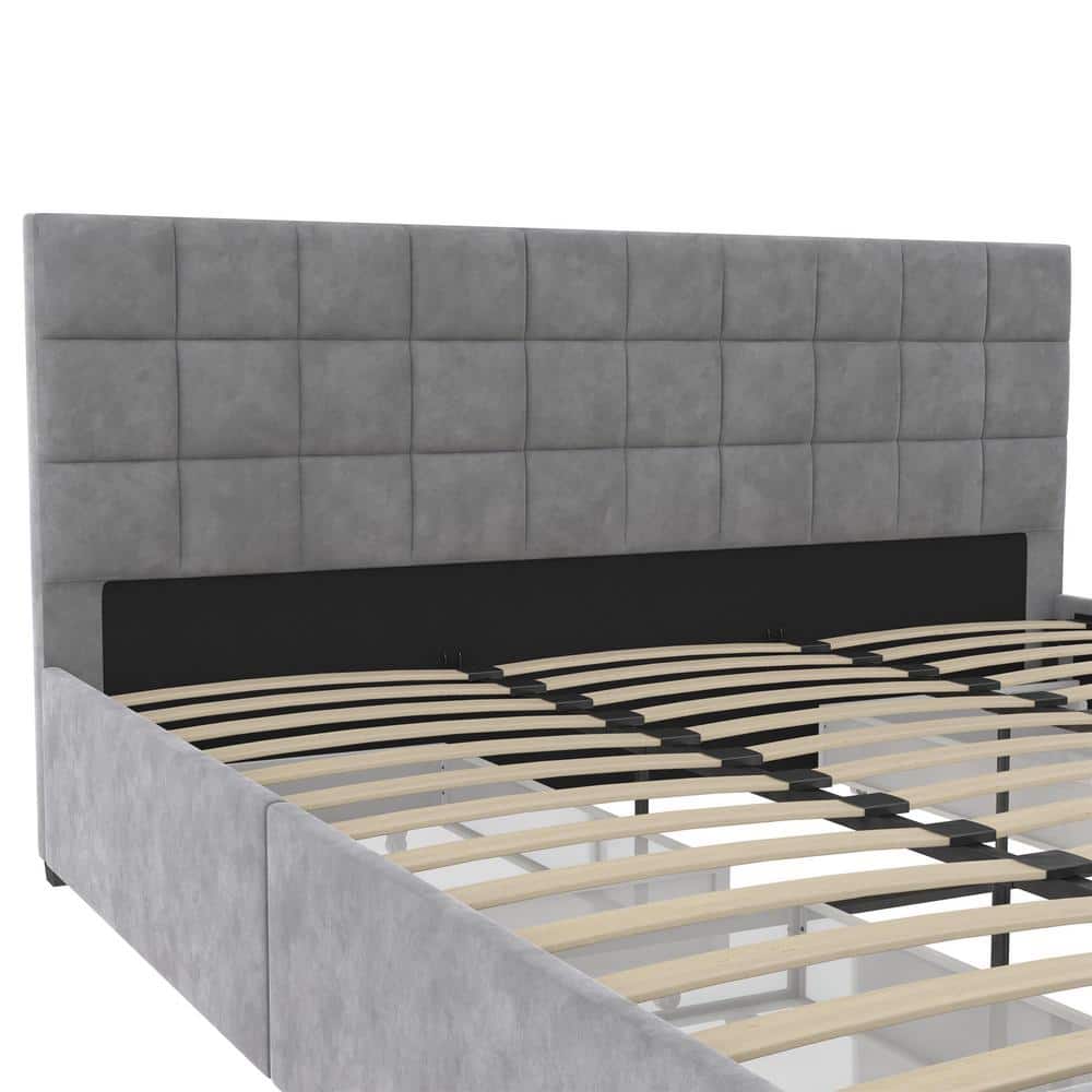 King Light Gray Velvet Upholstered Bed with Storage Drawers