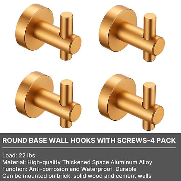 Round Base Bathroom Knob Robe/Towel Hook Wall Hook in Gold, Anti-corrosion and Waterproof (4-Pack)