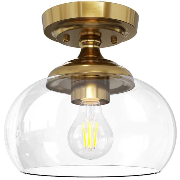 Merra 8.3 in. 1-Light Brushed Gold Industrial Semi-Flush Mount With Clear Glass Shade for Hallway Kitchen Bedroom Entryway