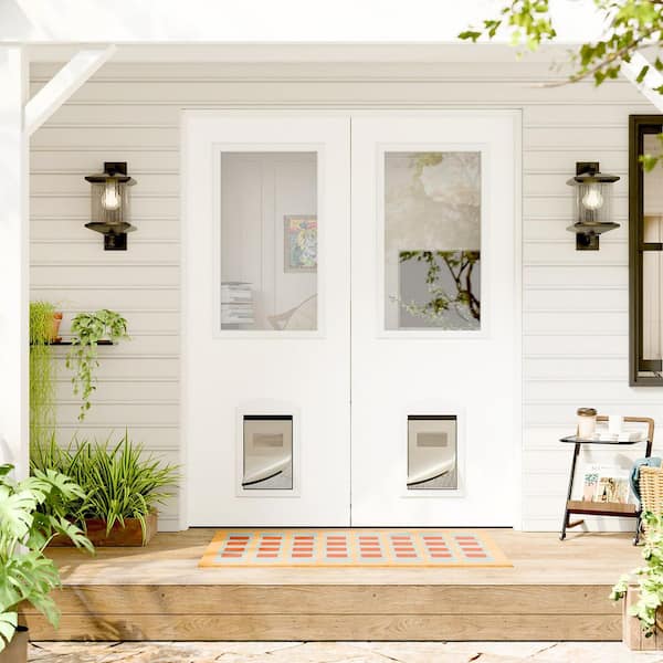 72 in. x 80 in. 1-Lite Clear Glass Wood White Prehung Double Front Door w/ Pet Door, Quick Assemble Jamb and Flush bolts