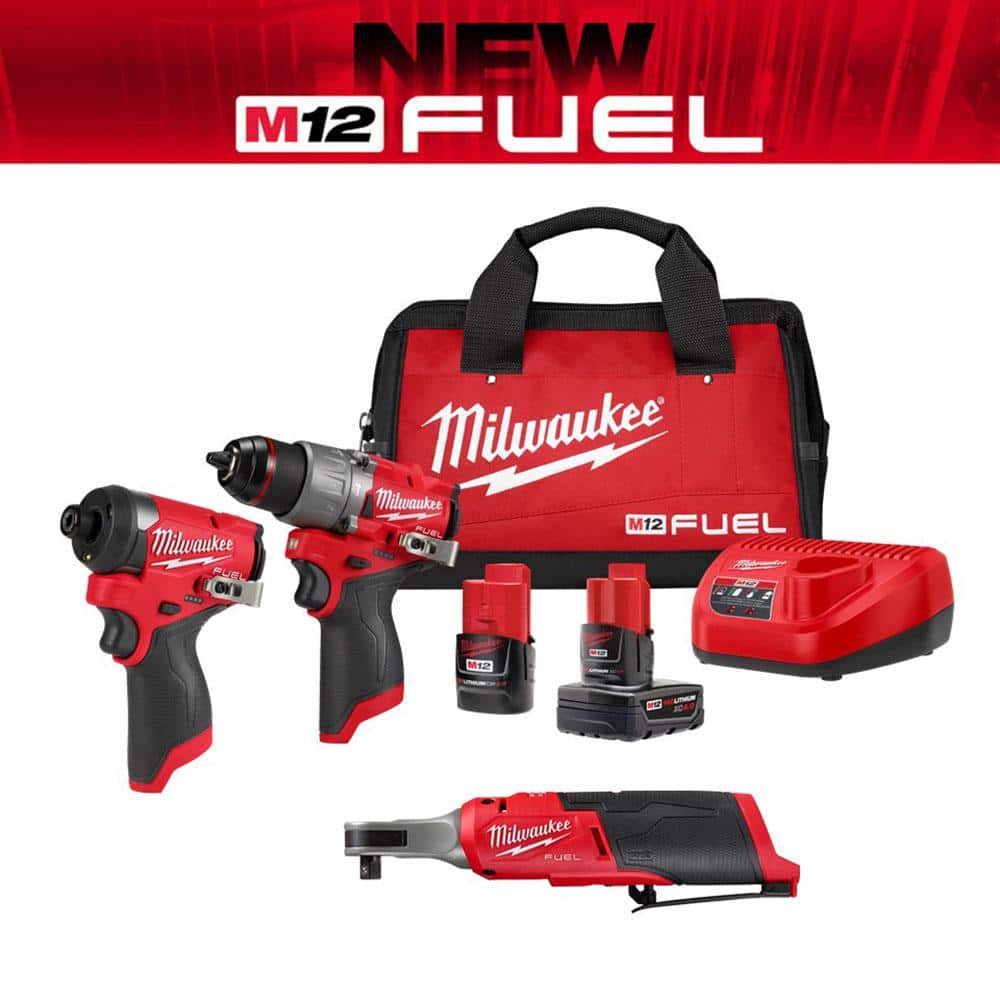 Milwaukee M12 FUEL 12-Volt Lithium-Ion Cordless Hammer Drill/Impact Driver/3/8 in. Ratchet Combo Kit (3-Tool) -  3497-22-2567