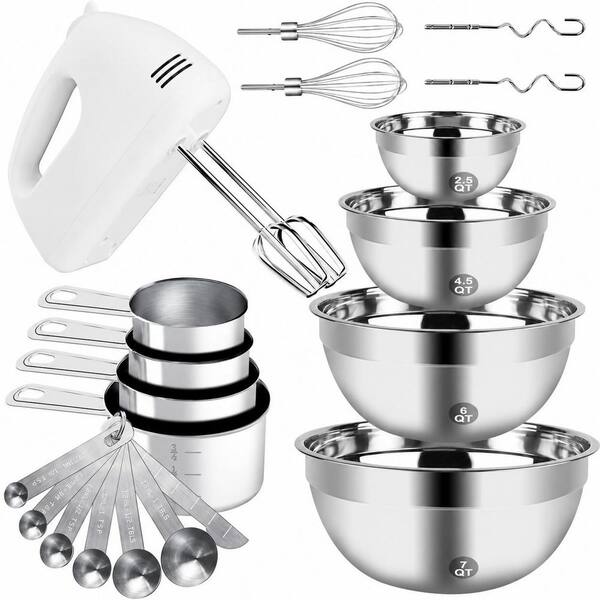 Stainless Steel Handheld Mixer Set Electric Hand Mixer with 5 Speeds Mixing Bowls Whisks Beaters Baking, Silver