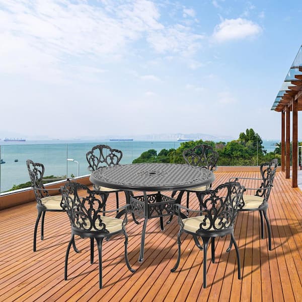 Willit Lily Black 7-Piece Cast Aluminum Outdoor Dining Set with Round Table and Dining Chairs with Random Color Cushion