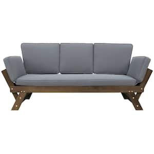 Brown Finish Wicker Outdoor Adjustable Patio Wooden Day Bed Sofa Chaise Lounge with Gray Cushions for Small Places