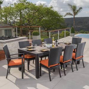 Deco 9-Piece Wicker Outdoor Dining Set with Sunbrella Tikka Orange Cushions
