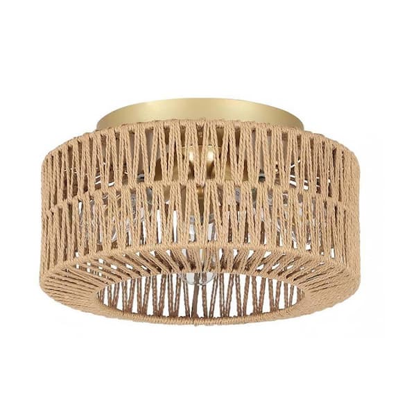 Jushua 11.8 in. W 3-Light Gold Boho Rattan Flush Mount Chandelier
