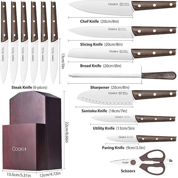  Knife Block Set - 17 Pieces - Includes Solid Wood Block, 6  Stainless Steel Kitchen Knives, Set of 8 Serrated Steak Knives, Heavy Duty  Poultry Shears, and a Carbon Steel Sharpening
