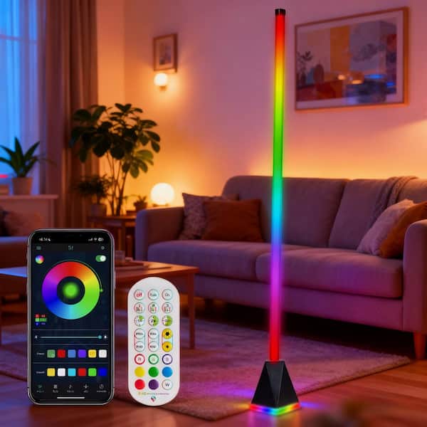 48in. Black Dimmable RGB Color Changing Mood Light Standard Smart LED Corner Floor Lamp for Living Room Gaming Room