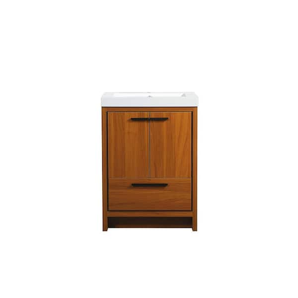 Unbranded Simply Living 24 in. Single Bathroom Vanity in Teak with Resin Vanity Top in White