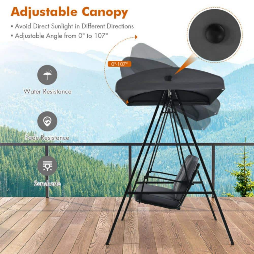 Gray Steel 3-Seat Outdoor Porch Swing with Adjustable Canopy