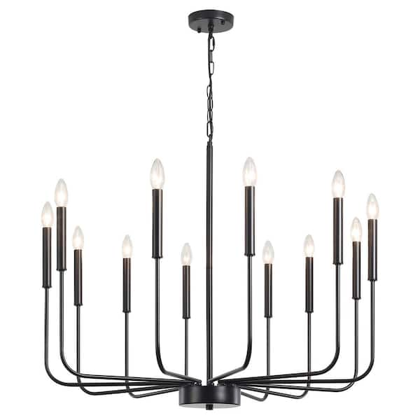 12-Light Matte Black Classic Farmhouse Candle Style Chandelier for Dining Room Living Room with No Bulbs Included