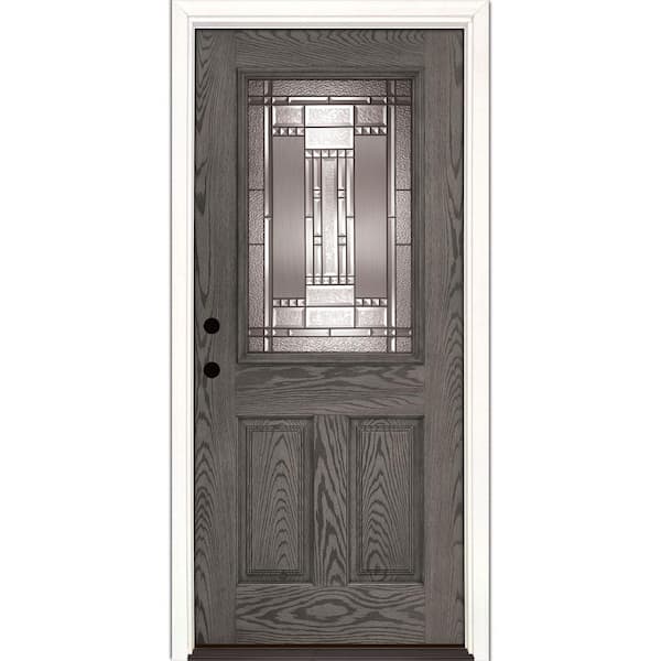Feather River Doors Preston 36 in. x 80 in. Right Hand Inswing Half Lite Decorative Glass Oak Stained Ash Fiberglass Prehung Front Door