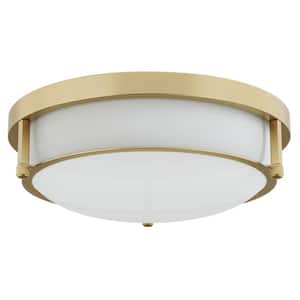 13 in. 2-Light Industrial Gold Flush Mount Farmhouse Close to Ceiling Light Fixture with White Glass Shade