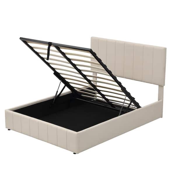 Beige Full Size Upholstered Platform Bed with Hydraulic Storage