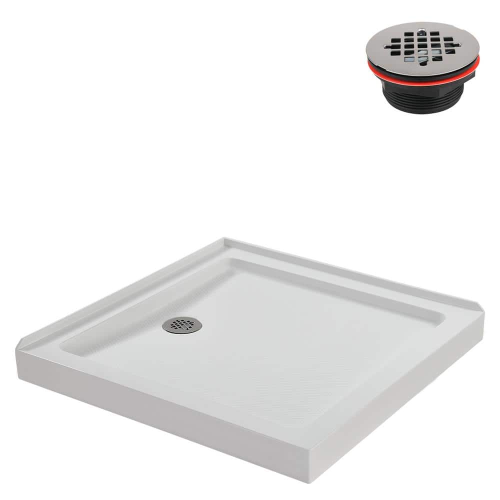 36'' Glossy White Acrylic Square Shower Base with Round Drain