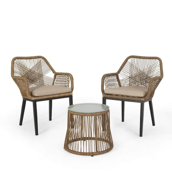Noble House Wahl 3-Piece Faux Rattan Outdoor Patio Conversation Set with Beige Cushions