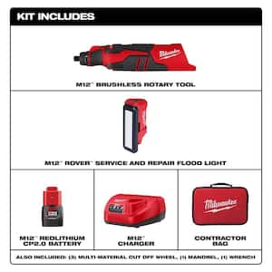 M12 12V Lithium-Ion Cordless Brushless Rotary Tool Kit with M12 12V ROVER Service and Repair Flood Light