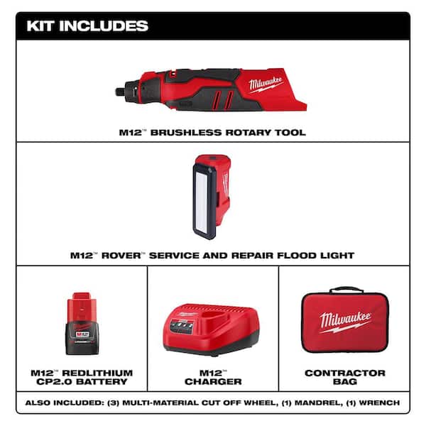 M12 12V Lithium-Ion Cordless Brushless Rotary Tool Kit with M12 12V ROVER Service and Repair Flood Light