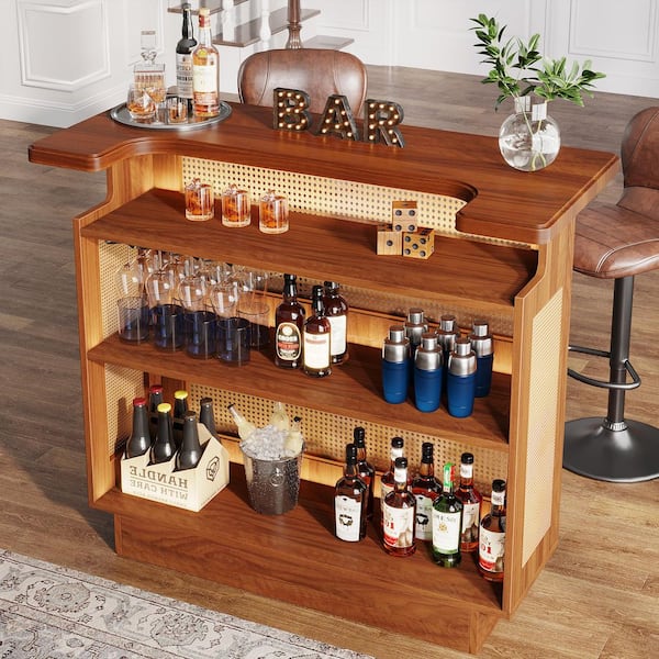 Kearsten 43.3 in. Rattan Home Bar Unit, Farmhouse 4-Tier Bar Table with Wine Racks and Glass Holder, Caramel Brown