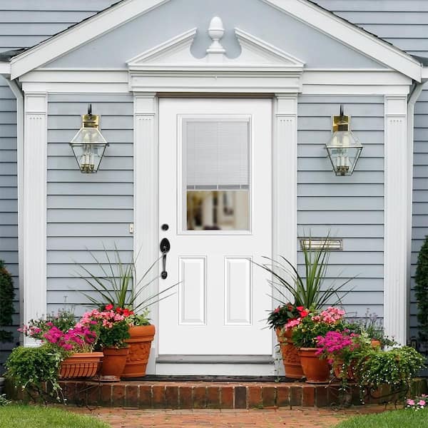 Premium 1/2 Lite Mini Blind Primed Steel Prehung Front Door with No Brickmold