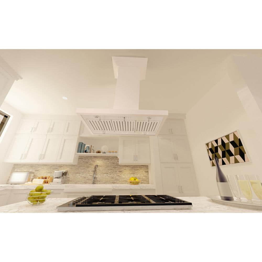 ZLINE 36" White Wooden Island Range Hood with Stainless Steel Filters