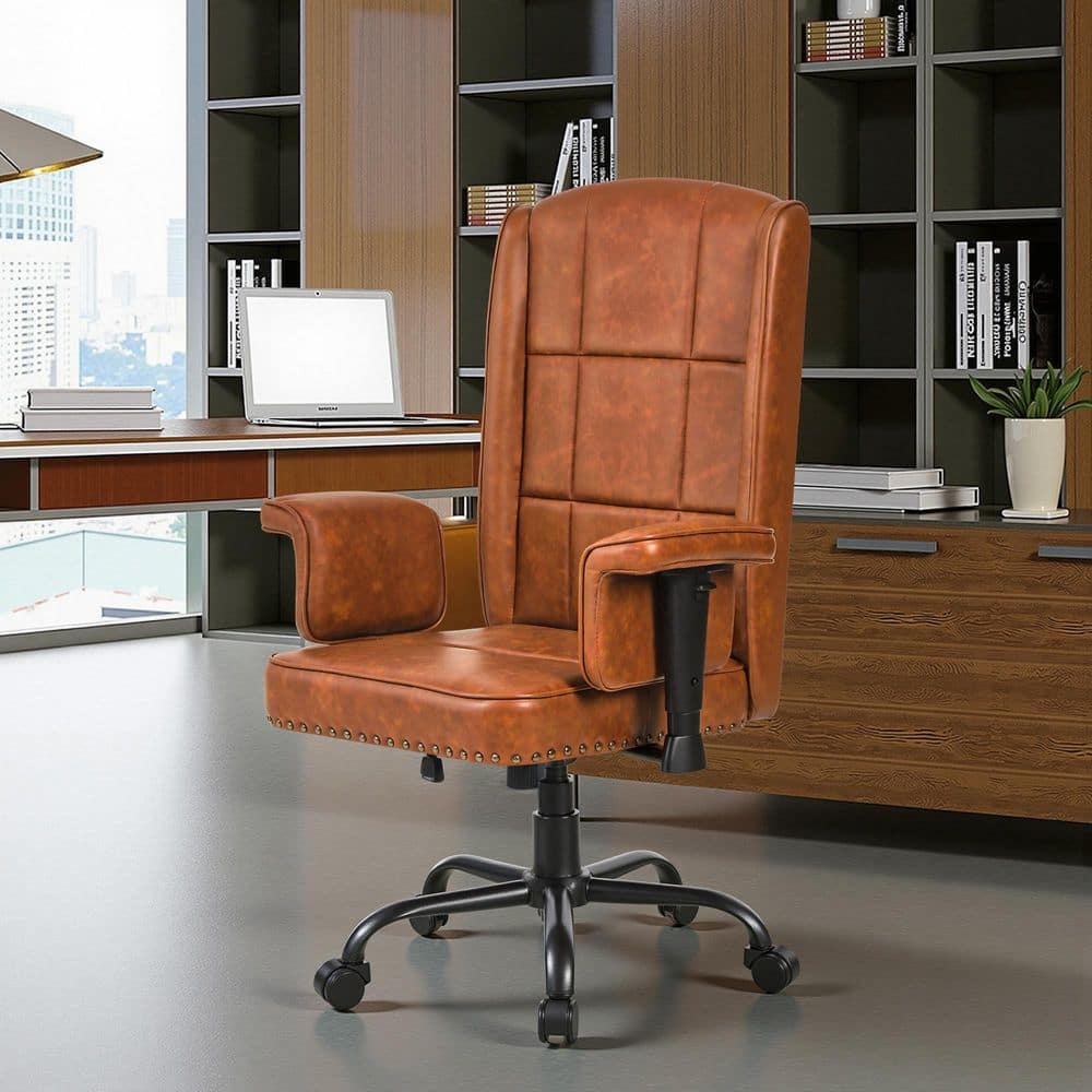 High Back Office Chair Faux Leather Wheels Task Chair in Brown Style 2 with Adjustable Armrests-Swivel Desk Chair - Thumbnail 2