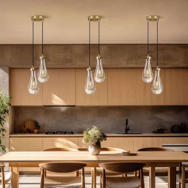 Modern 2-Light Raindrop Glass Pendant Light, Brass Teardrop Kitchen Island Pendant Light, for Dining Room, Living Room