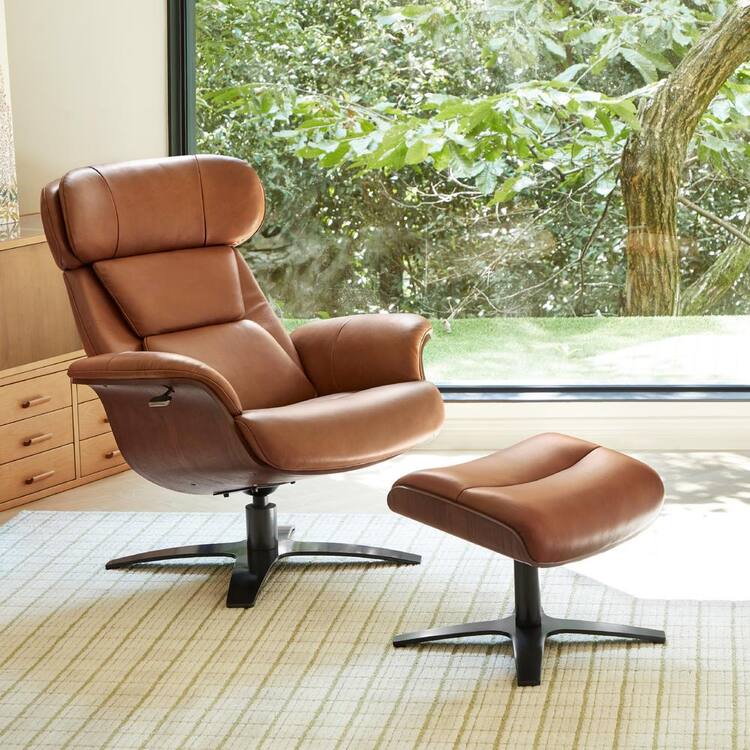 SPRUCE & SPRING Theo Genuine Leather Recliner Swivel Chair with Ottoman and Adjustable Headrest for Living Room in Saddle
